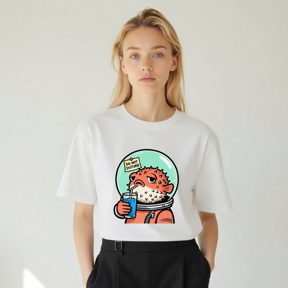 Unisex Organic Cotton T-Shirt | Puffer Fish Astronaut Drinking Blue Juice, 'Do Not Disturb' Note - Image 9