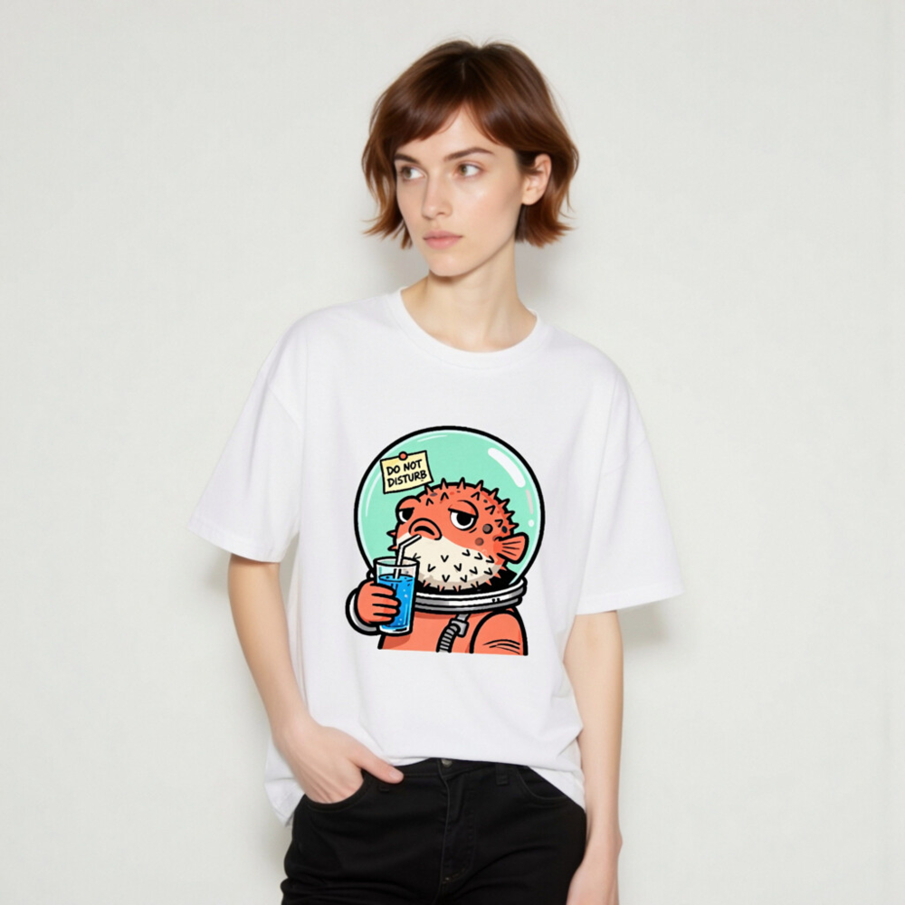 Unisex Organic Cotton T-Shirt | Puffer Fish Astronaut Drinking Blue Juice, 'Do Not Disturb' Note - Image 10