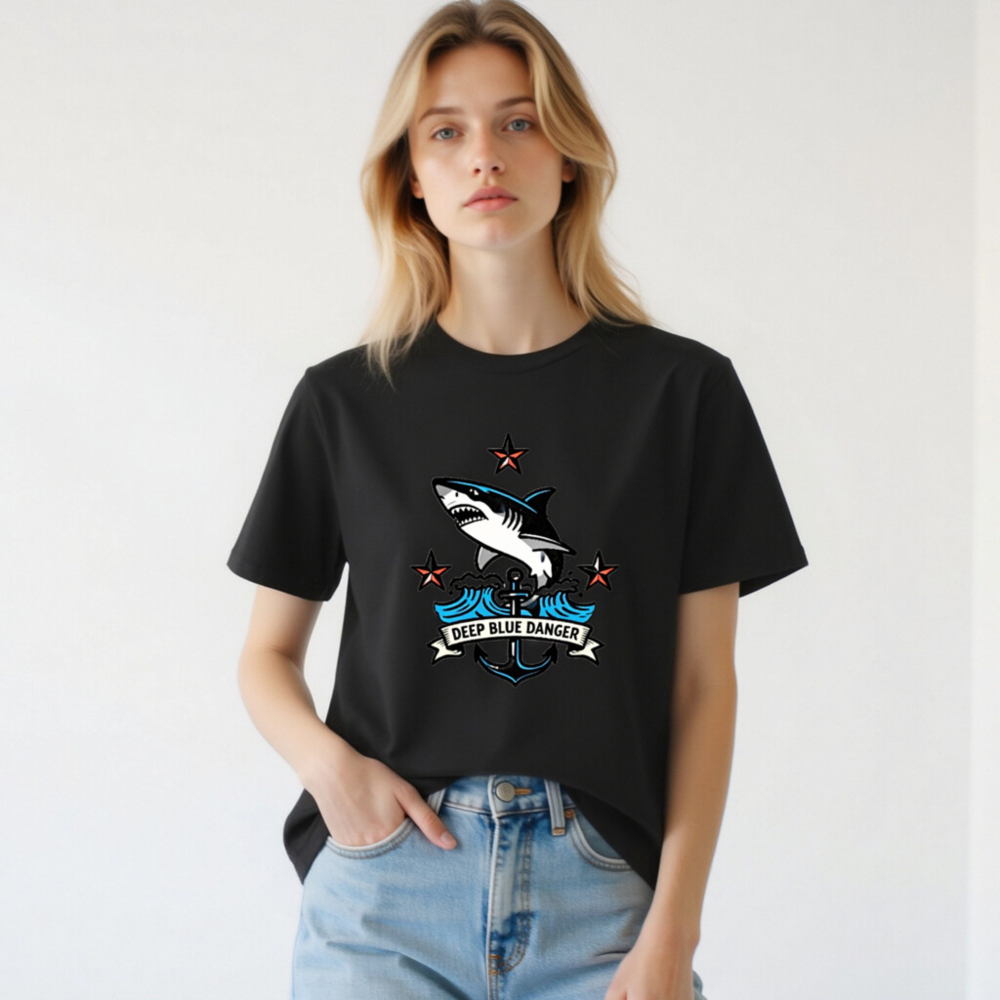 Unisex Organic Cotton T-Shirt | Deep Blue Danger Shark Anchor Design - Image 2