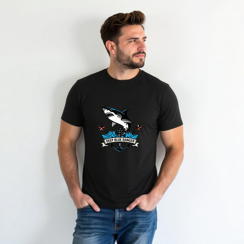 Unisex Organic Cotton T-Shirt | Deep Blue Danger Shark Anchor Design - Image 3