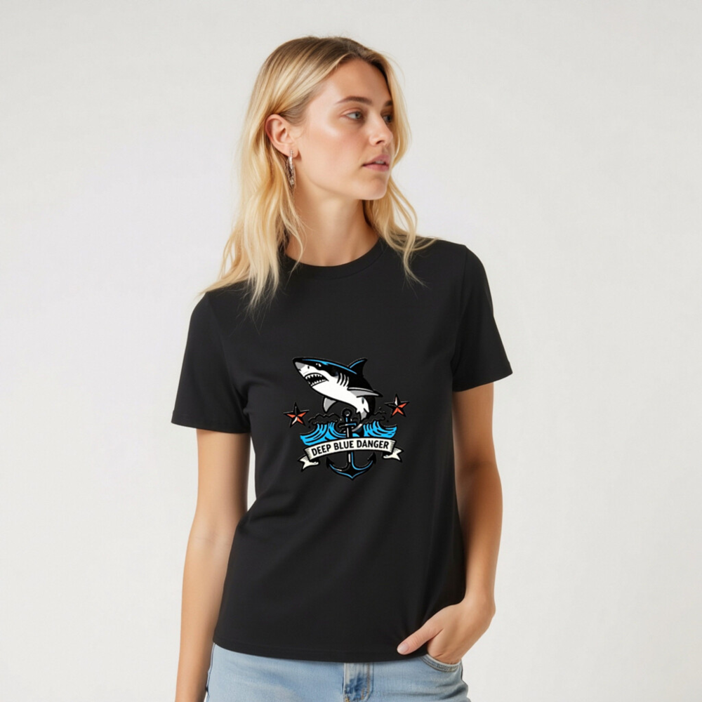 Unisex Organic Cotton T-Shirt | Deep Blue Danger Shark Anchor Design - Image 4