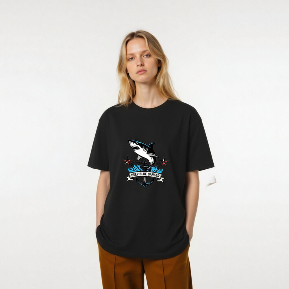 Unisex Organic Cotton T-Shirt | Deep Blue Danger Shark Anchor Design - Image 5