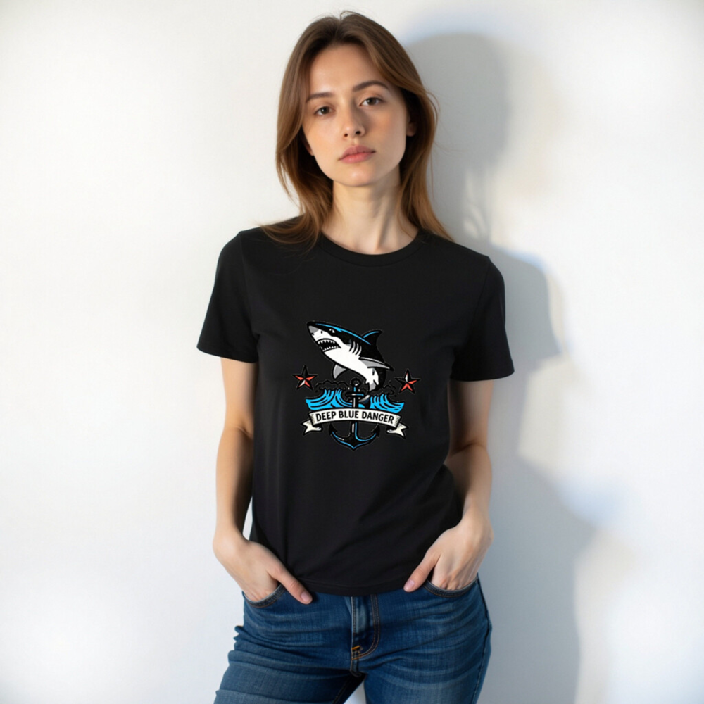 Unisex Organic Cotton T-Shirt | Deep Blue Danger Shark Anchor Design - Image 6