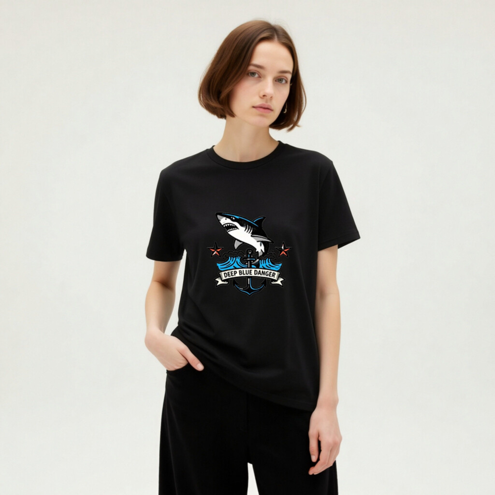 Unisex Organic Cotton T-Shirt | Deep Blue Danger Shark Anchor Design - Image 7