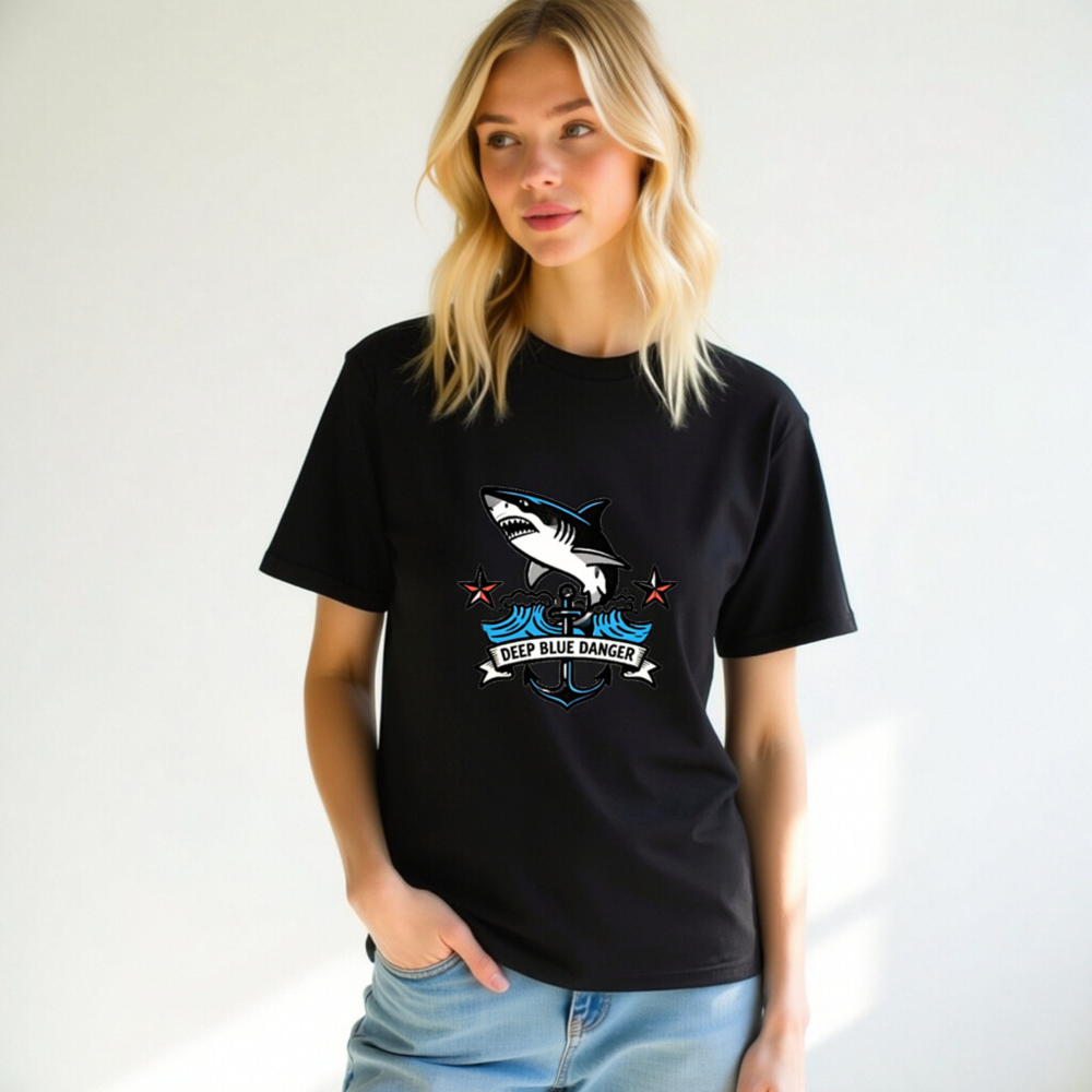 Unisex Organic Cotton T-Shirt | Deep Blue Danger Shark Anchor Design - Image 10