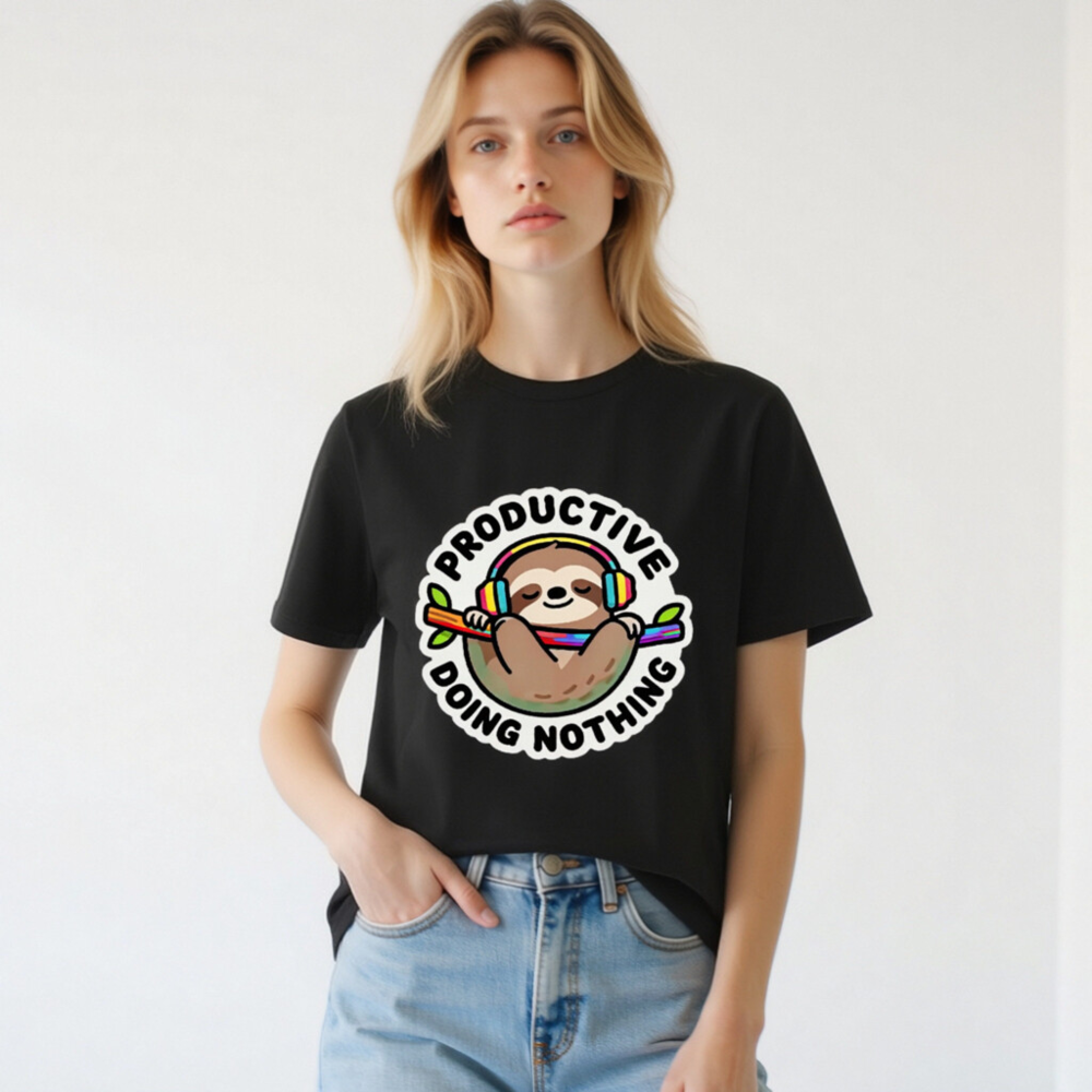 Unisex Organic Cotton T-Shirt | Sloth with Headphones - 'Productive Doing Nothing' Funny Slogan - Image 2