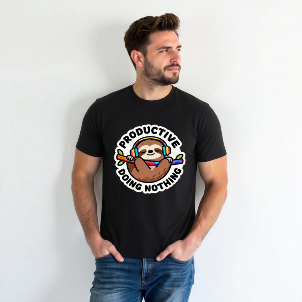 Unisex Organic Cotton T-Shirt | Sloth with Headphones - 'Productive Doing Nothing' Funny Slogan - Image 3