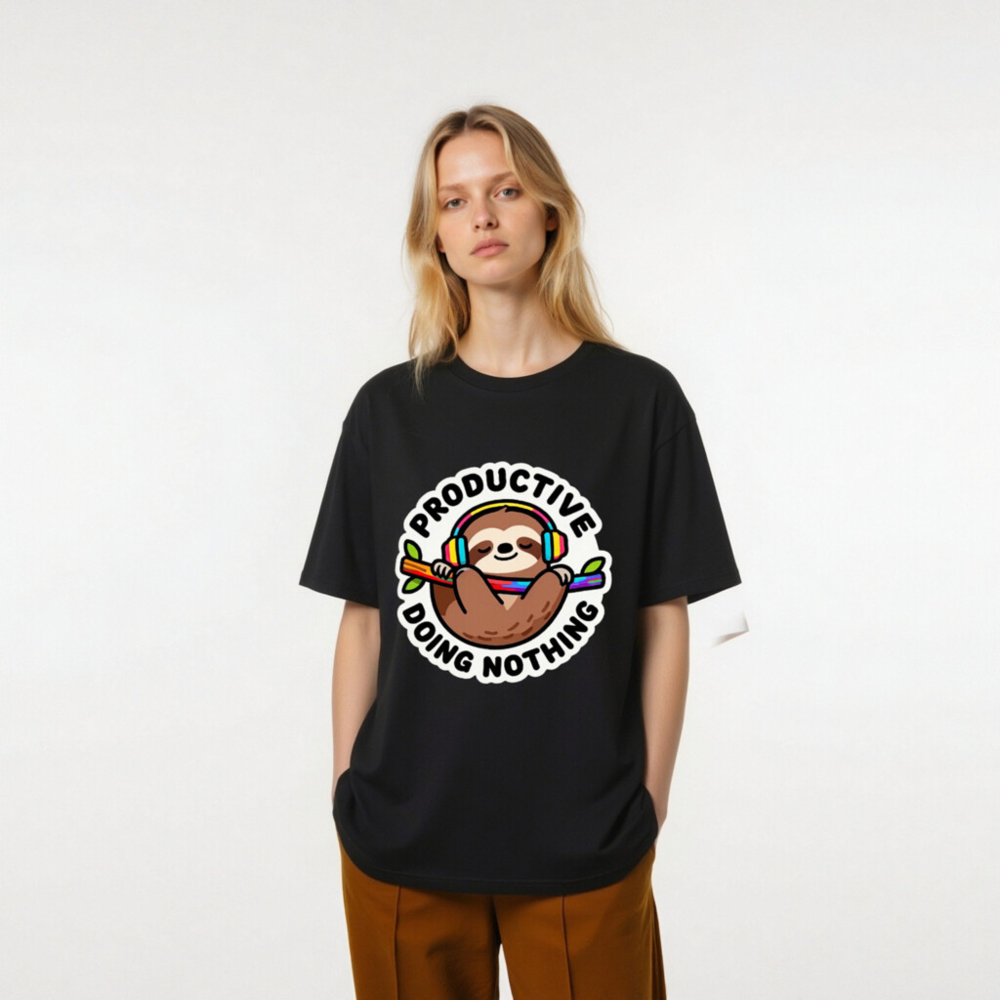 Unisex Organic Cotton T-Shirt | Sloth with Headphones - 'Productive Doing Nothing' Funny Slogan - Image 5