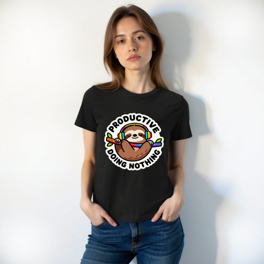Unisex Organic Cotton T-Shirt | Sloth with Headphones - 'Productive Doing Nothing' Funny Slogan - Image 6