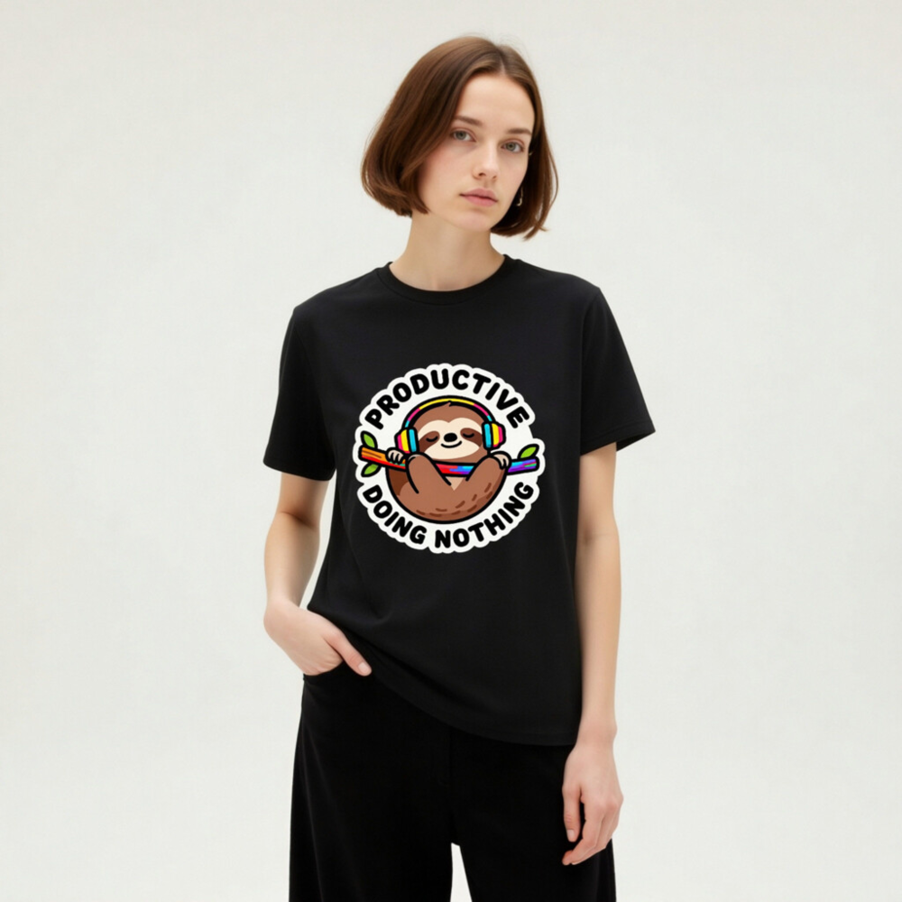 Unisex Organic Cotton T-Shirt | Sloth with Headphones - 'Productive Doing Nothing' Funny Slogan - Image 7