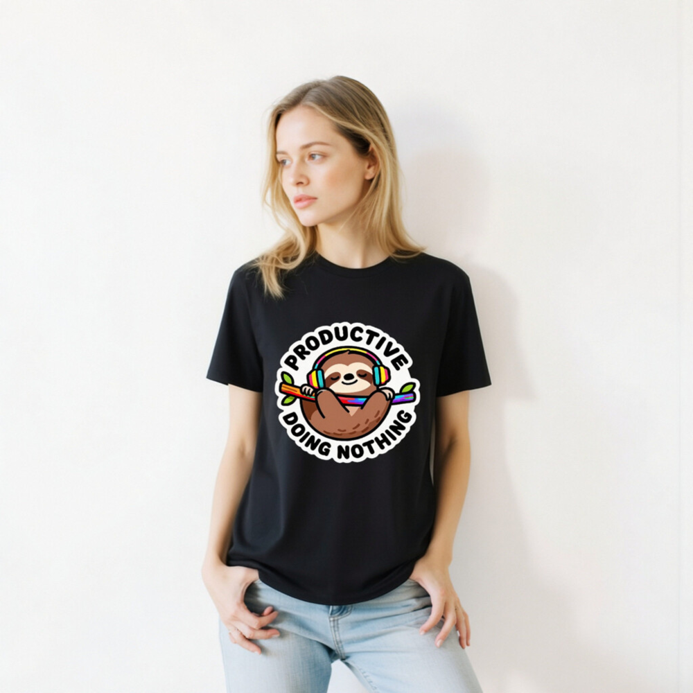 Unisex Organic Cotton T-Shirt | Sloth with Headphones - 'Productive Doing Nothing' Funny Slogan - Image 9