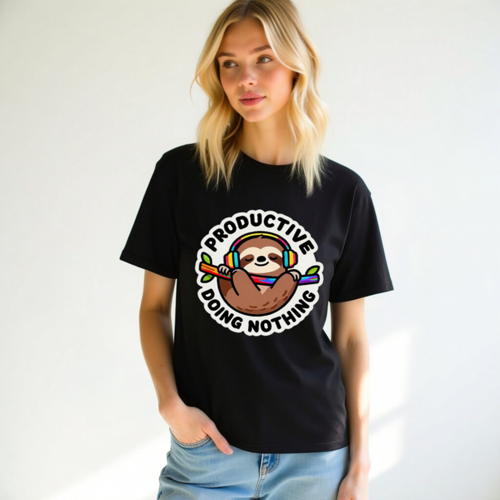 Unisex Organic Cotton T-Shirt | Sloth with Headphones - 'Productive Doing Nothing' Funny Slogan - Image 10