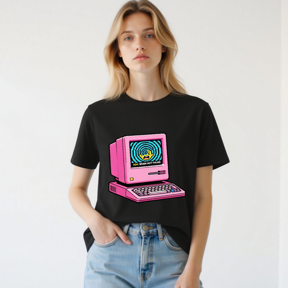 Pink Retro Computer T-Shirt | 404 Brain Not Found Error | Unisex Organic Cotton - Image 2