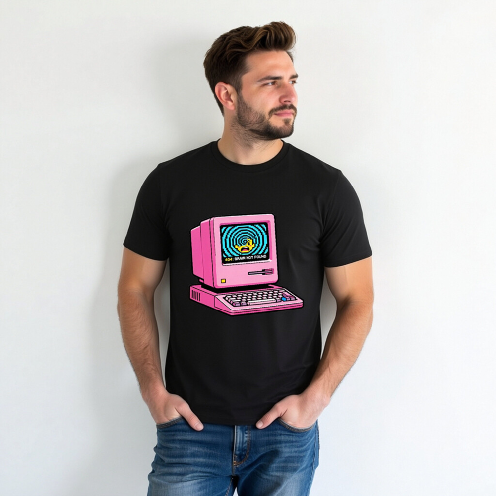 Pink Retro Computer T-Shirt | 404 Brain Not Found Error | Unisex Organic Cotton - Image 3