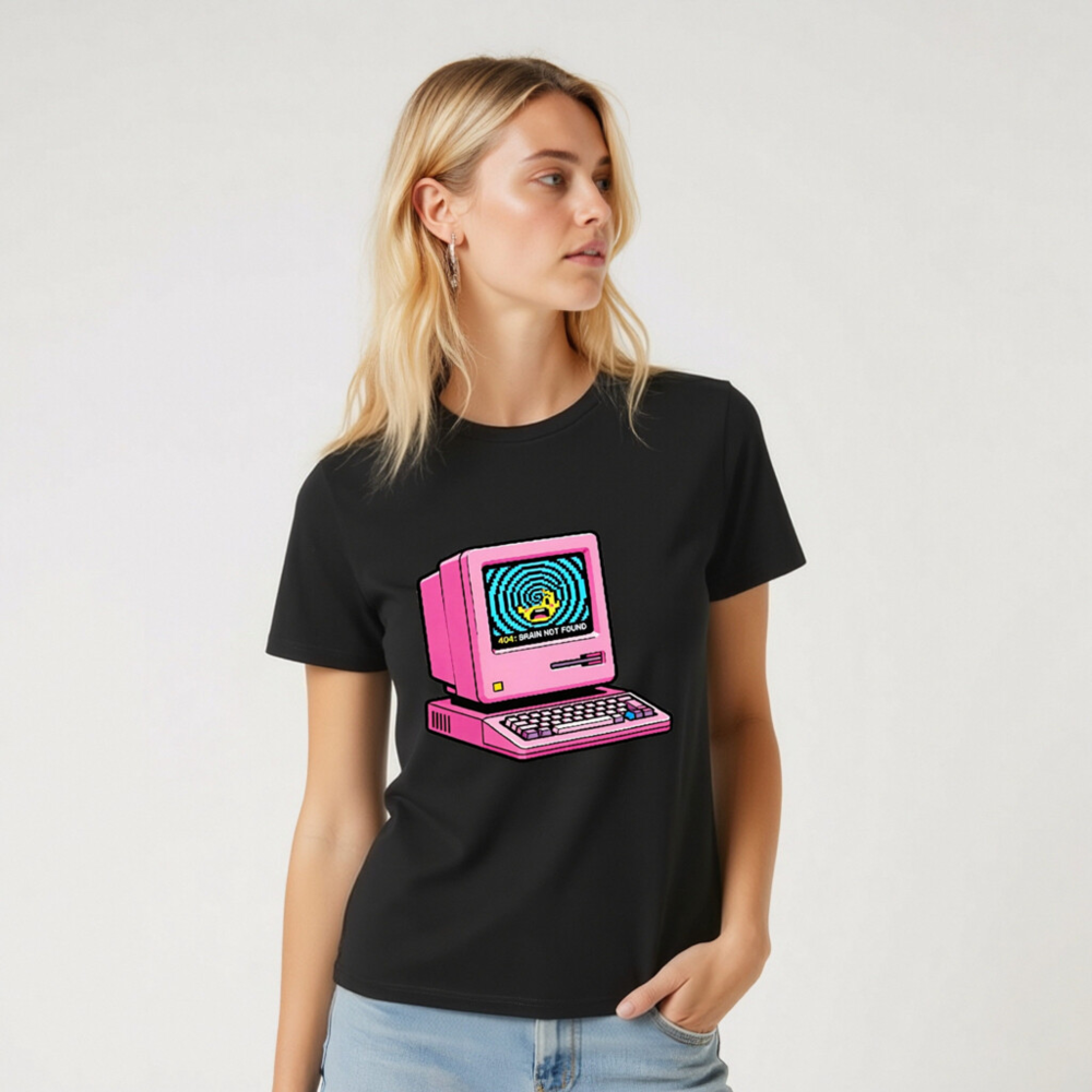 Pink Retro Computer T-Shirt | 404 Brain Not Found Error | Unisex Organic Cotton - Image 4