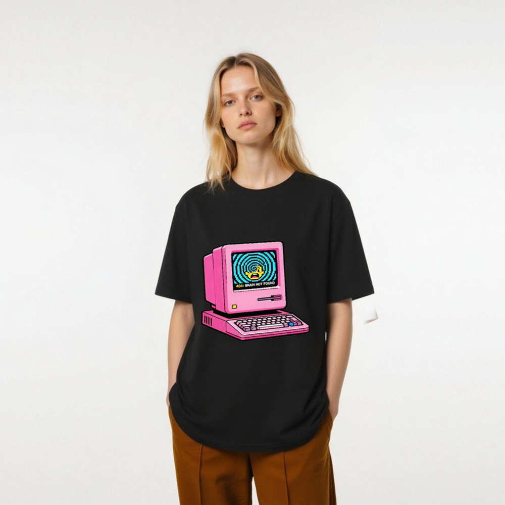Pink Retro Computer T-Shirt | 404 Brain Not Found Error | Unisex Organic Cotton - Image 5