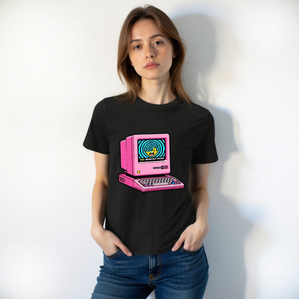 Pink Retro Computer T-Shirt | 404 Brain Not Found Error | Unisex Organic Cotton - Image 6