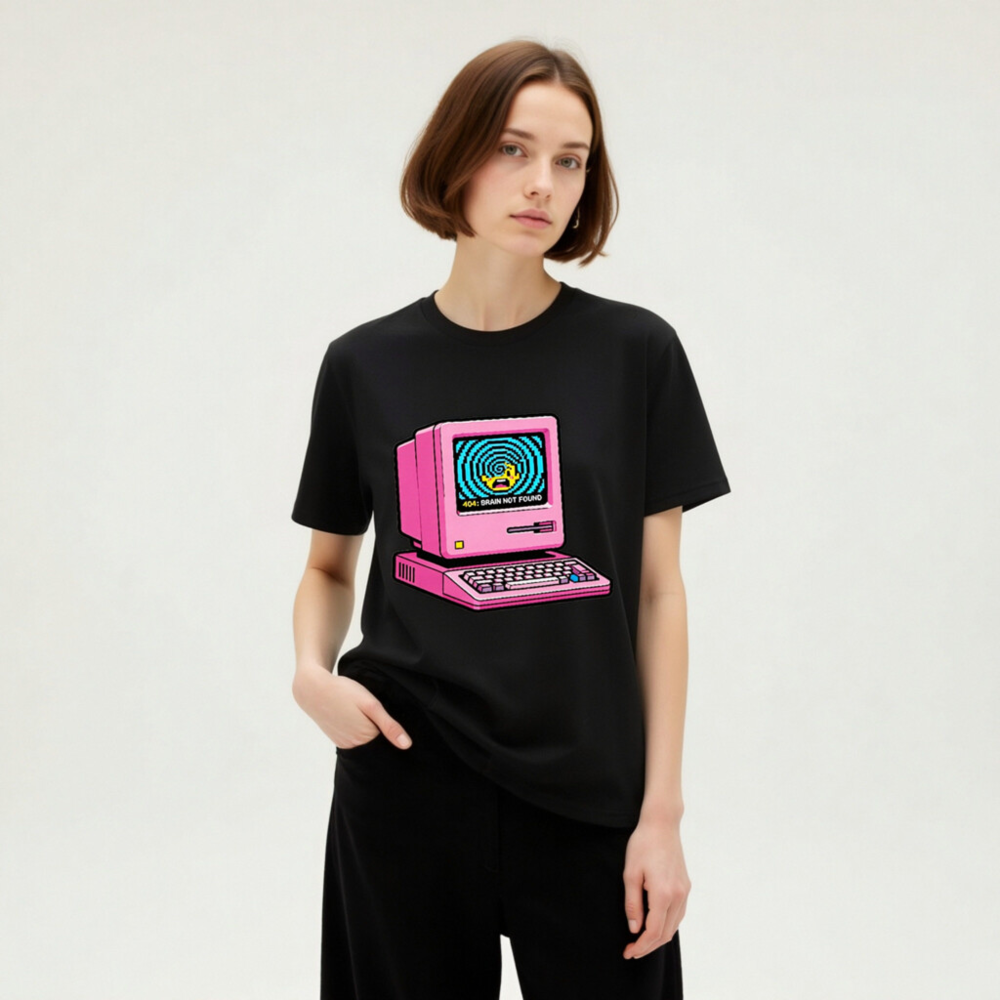 Pink Retro Computer T-Shirt | 404 Brain Not Found Error | Unisex Organic Cotton - Image 7