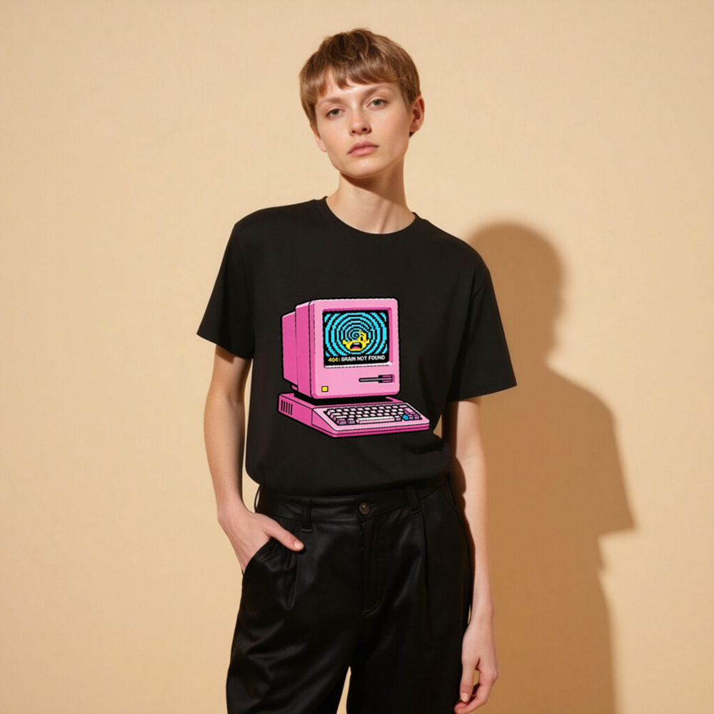 Pink Retro Computer T-Shirt | 404 Brain Not Found Error | Unisex Organic Cotton - Image 8