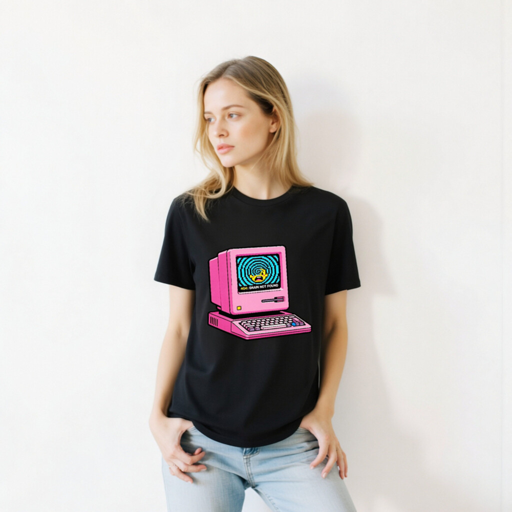 Pink Retro Computer T-Shirt | 404 Brain Not Found Error | Unisex Organic Cotton - Image 9