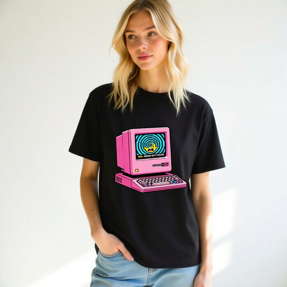 Pink Retro Computer T-Shirt | 404 Brain Not Found Error | Unisex Organic Cotton - Image 10