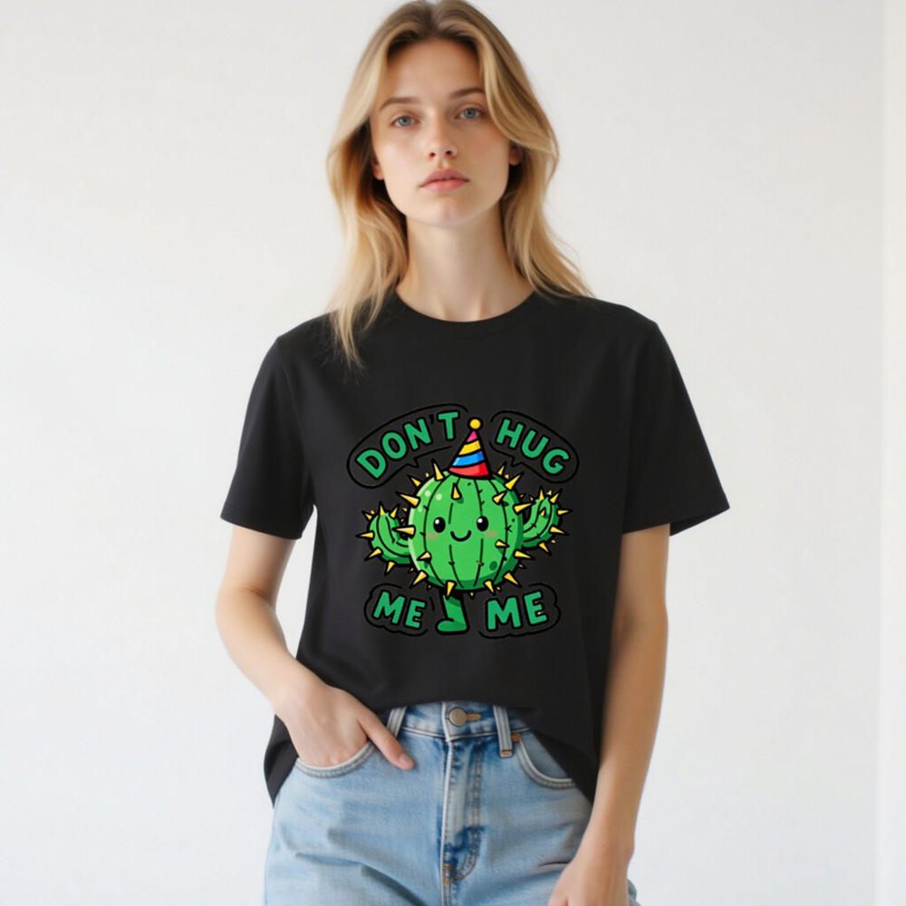 Unisex Organic Cotton T-Shirt | Cute Cactus Don't Hug Me Party Hat Design - Image 2