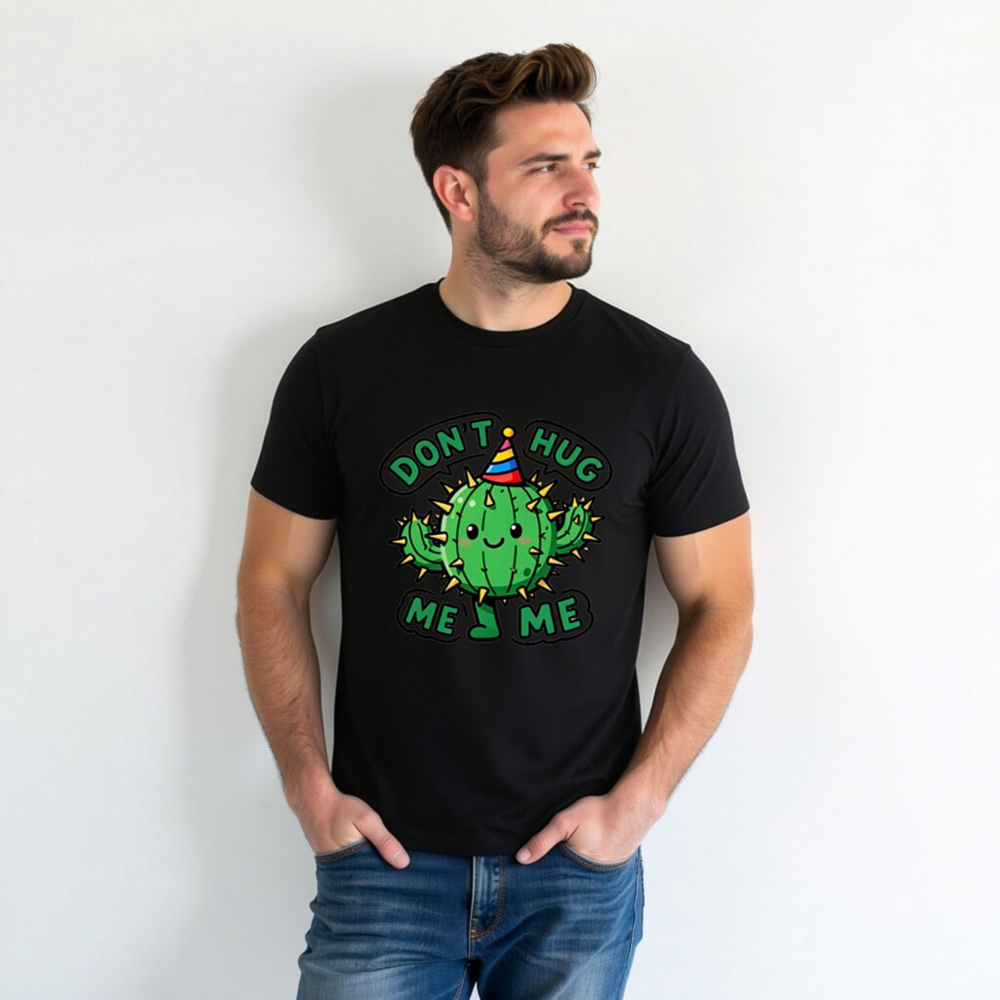 Unisex Organic Cotton T-Shirt | Cute Cactus Don't Hug Me Party Hat Design - Image 3