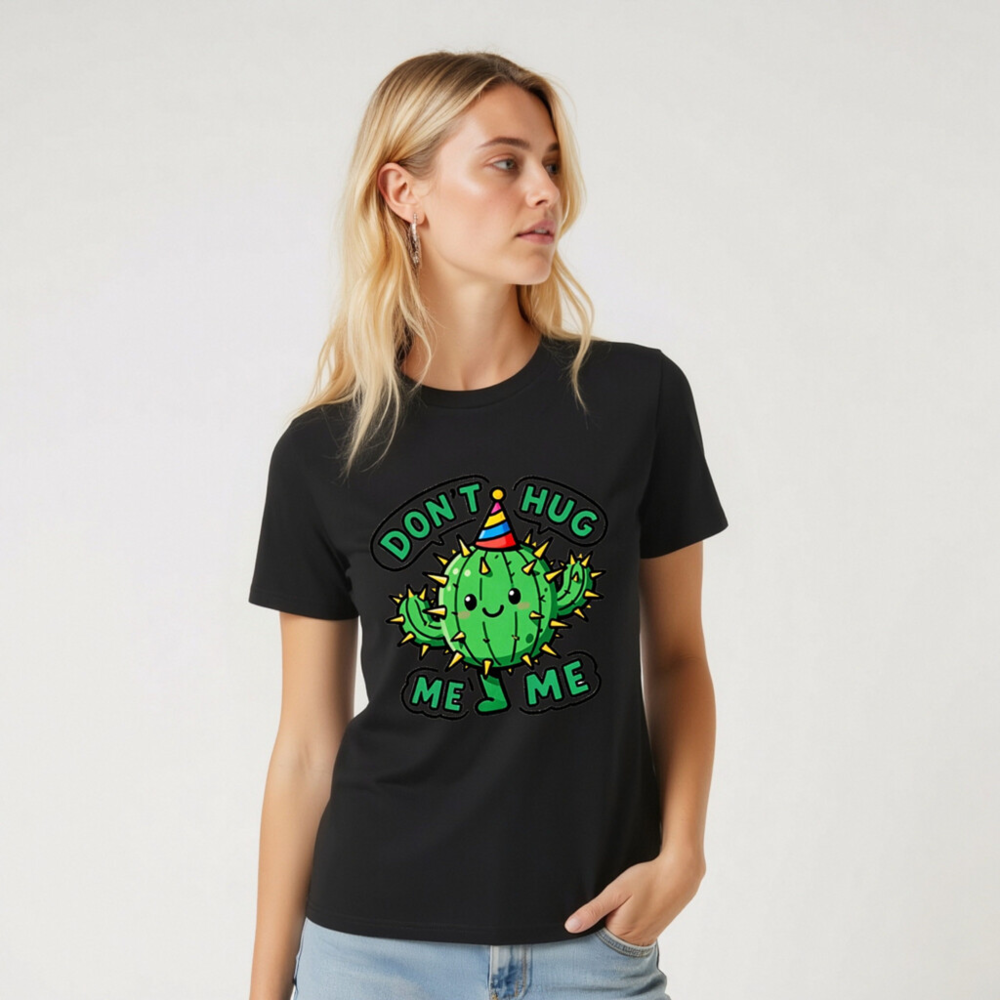 Unisex Organic Cotton T-Shirt | Cute Cactus Don't Hug Me Party Hat Design - Image 4