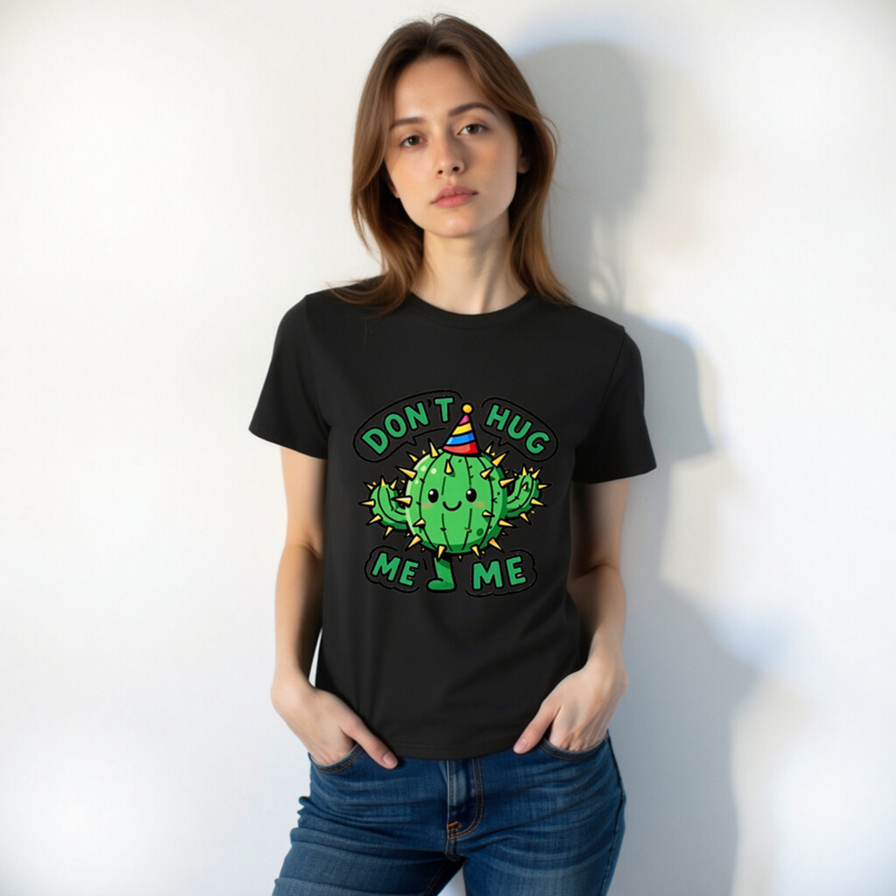 Unisex Organic Cotton T-Shirt | Cute Cactus Don't Hug Me Party Hat Design - Image 6