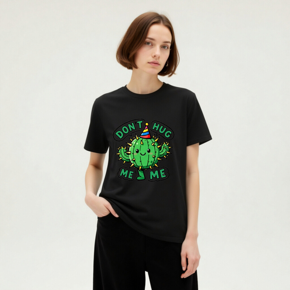 Unisex Organic Cotton T-Shirt | Cute Cactus Don't Hug Me Party Hat Design - Image 7