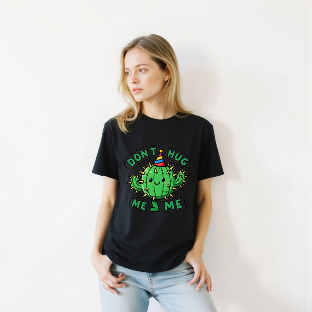 Unisex Organic Cotton T-Shirt | Cute Cactus Don't Hug Me Party Hat Design - Image 9
