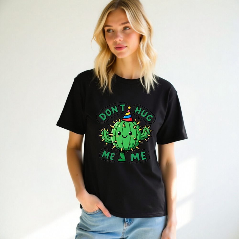 Unisex Organic Cotton T-Shirt | Cute Cactus Don't Hug Me Party Hat Design - Image 10