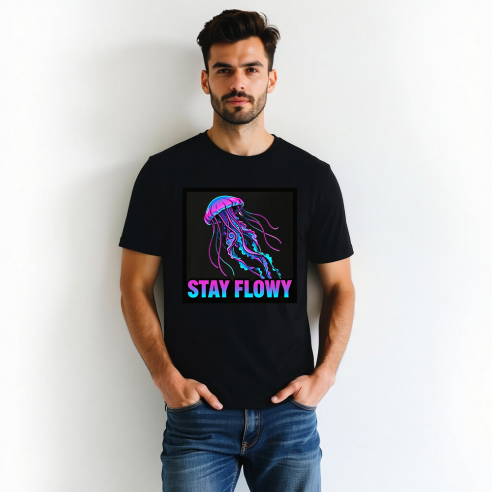 Unisex Staple T-Shirt - Stay Flowy Jellyfish Graphic Tee, Neon Purple Blue Design - Image 2