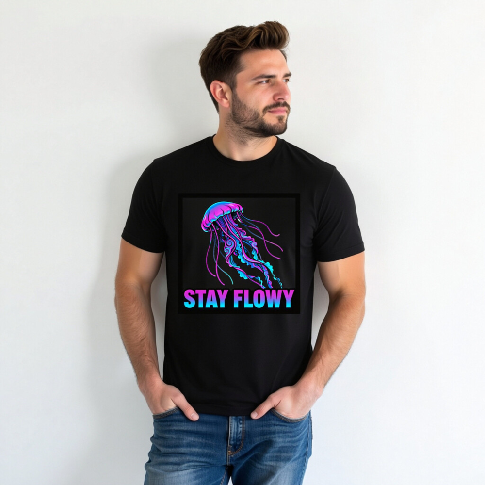 Unisex Staple T-Shirt - Stay Flowy Jellyfish Graphic Tee, Neon Purple Blue Design - Image 3