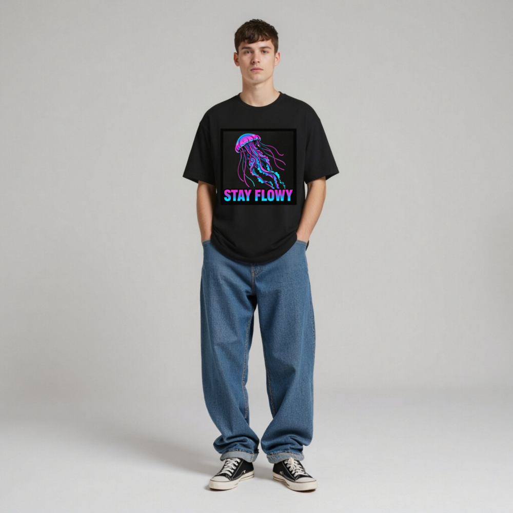 Unisex Staple T-Shirt - Stay Flowy Jellyfish Graphic Tee, Neon Purple Blue Design - Image 4