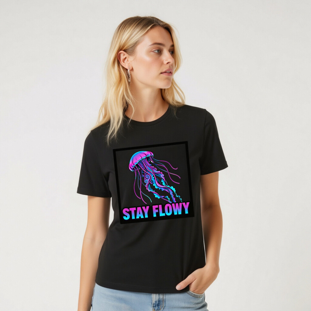 Unisex Staple T-Shirt - Stay Flowy Jellyfish Graphic Tee, Neon Purple Blue Design - Image 5