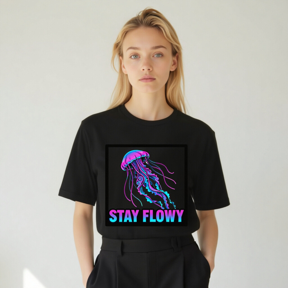 Unisex Staple T-Shirt - Stay Flowy Jellyfish Graphic Tee, Neon Purple Blue Design - Image 6