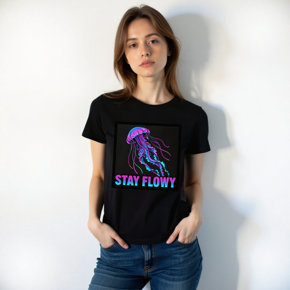 Unisex Staple T-Shirt - Stay Flowy Jellyfish Graphic Tee, Neon Purple Blue Design - Image 7
