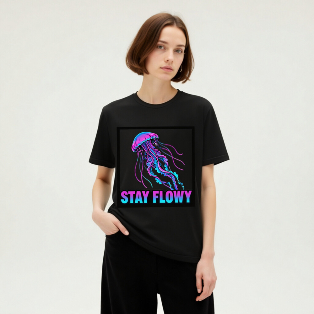 Unisex Staple T-Shirt - Stay Flowy Jellyfish Graphic Tee, Neon Purple Blue Design - Image 8