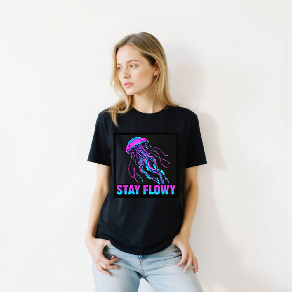 Unisex Staple T-Shirt - Stay Flowy Jellyfish Graphic Tee, Neon Purple Blue Design - Image 10