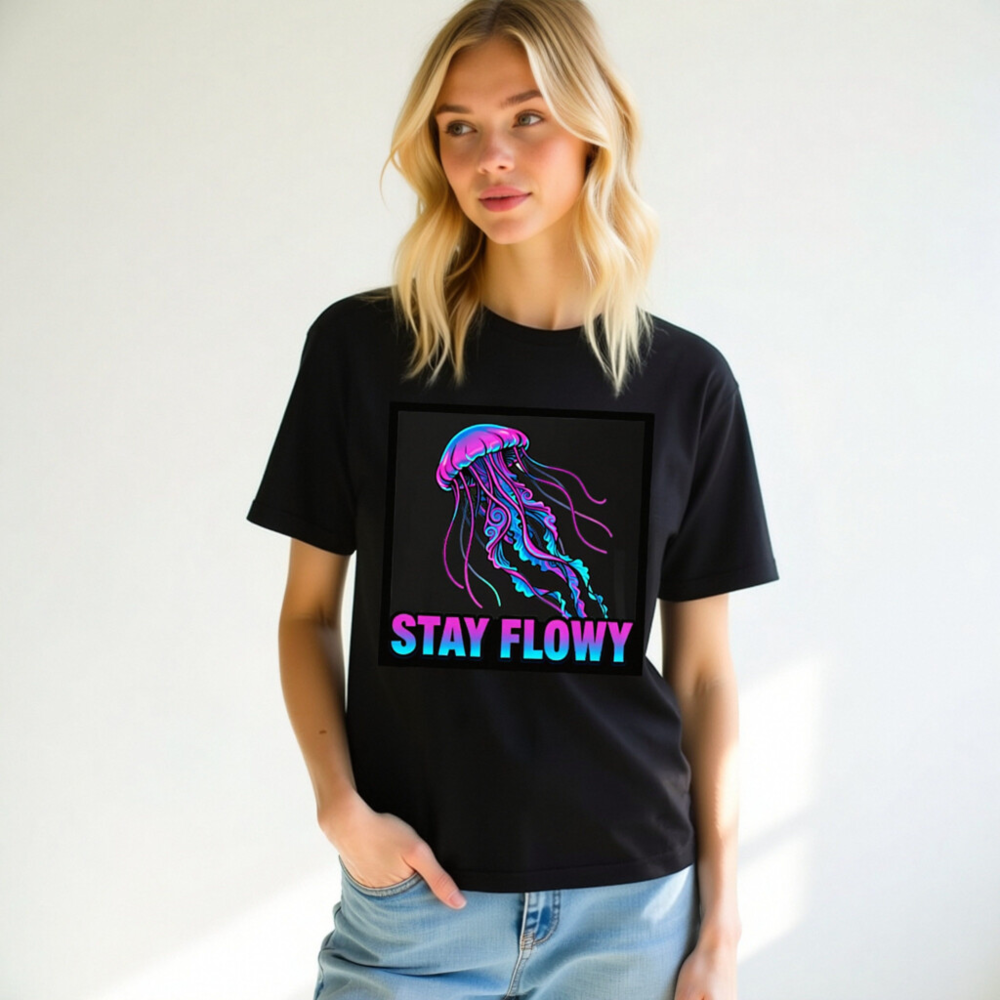 Unisex Staple T-Shirt - Stay Flowy Jellyfish Graphic Tee, Neon Purple Blue Design - Image 11