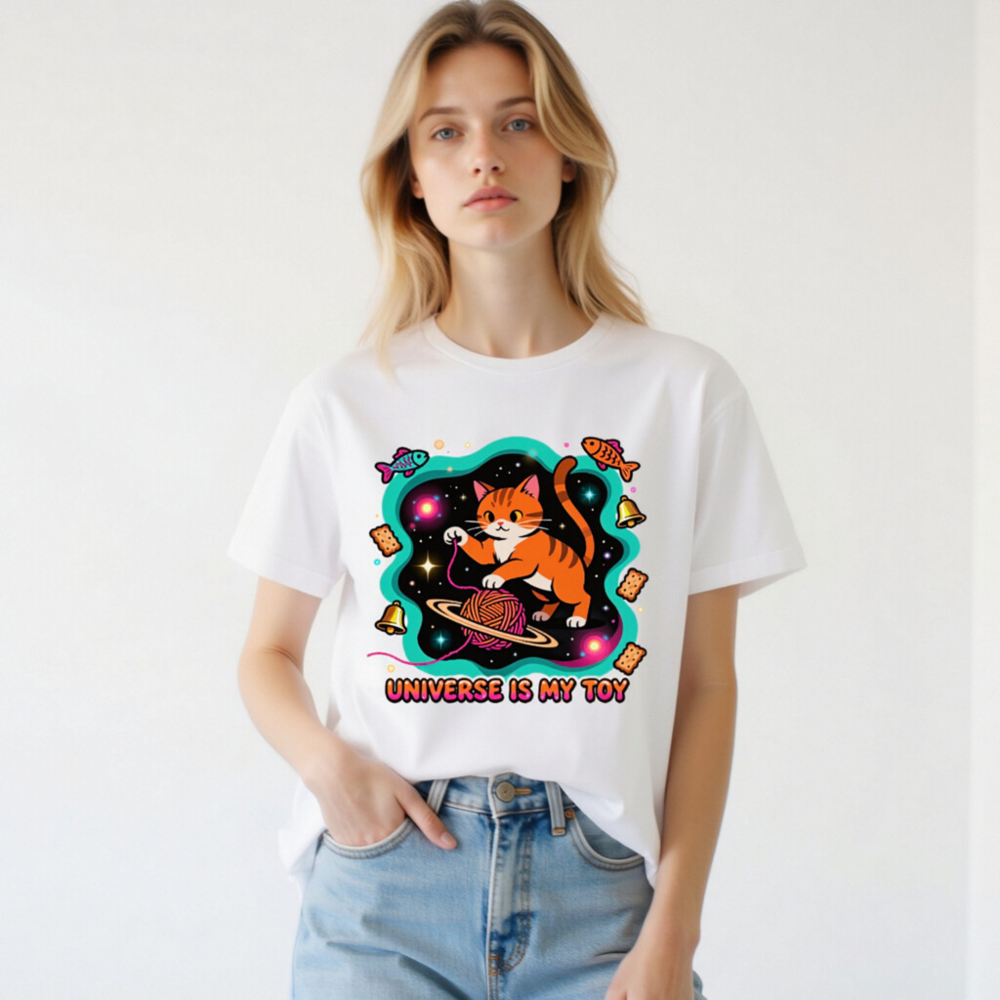 Unisex T-Shirt - Universe Is My Toy Cat Space Design, Soft Staple Tee - Image 2