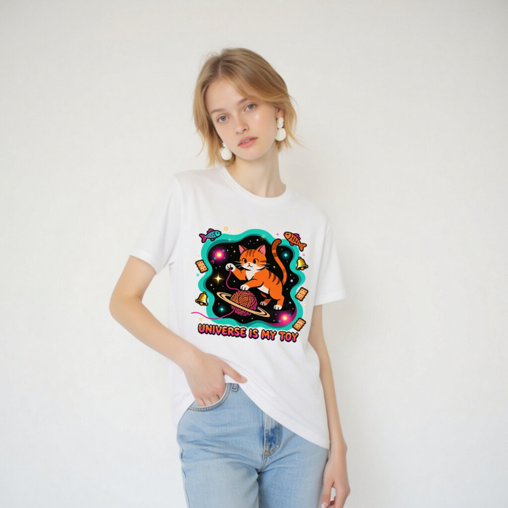 Unisex T-Shirt - Universe Is My Toy Cat Space Design, Soft Staple Tee - Image 3