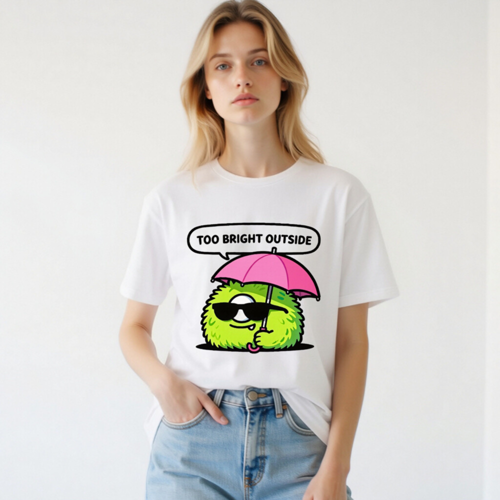 Unisex T-Shirt: Bright Outside? Cool Fuzzy Character with Pink Umbrella & Sunglasses - Image 2