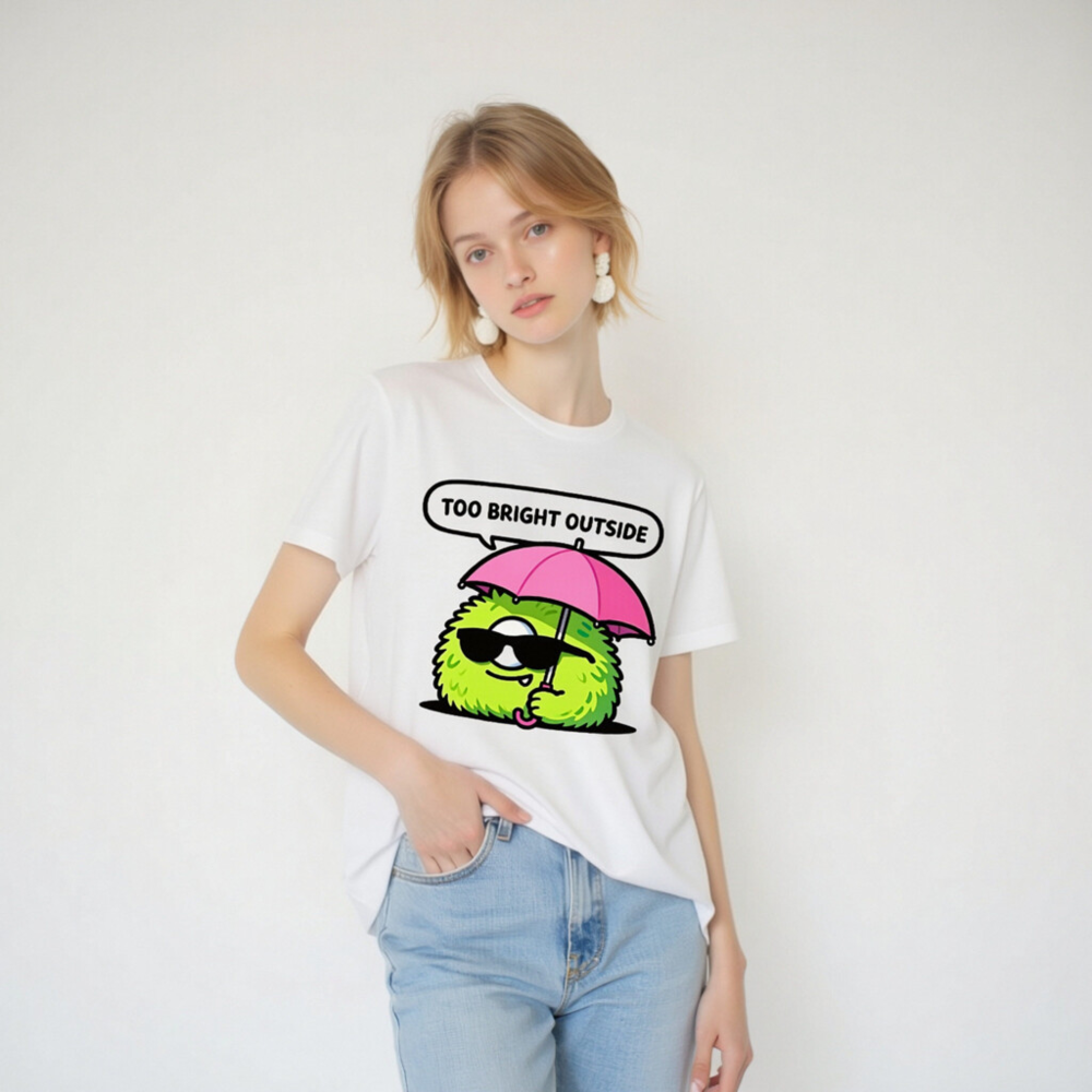 Unisex T-Shirt: Bright Outside? Cool Fuzzy Character with Pink Umbrella & Sunglasses - Image 3