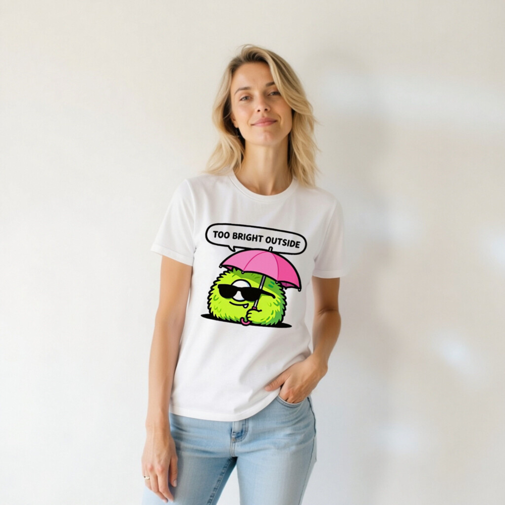 Unisex T-Shirt: Bright Outside? Cool Fuzzy Character with Pink Umbrella & Sunglasses - Image 5