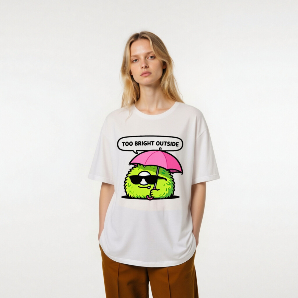 Unisex T-Shirt: Bright Outside? Cool Fuzzy Character with Pink Umbrella & Sunglasses - Image 6