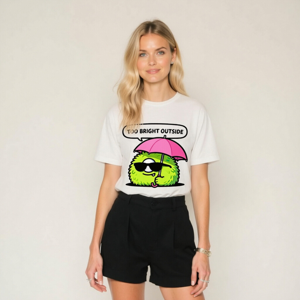 Unisex T-Shirt: Bright Outside? Cool Fuzzy Character with Pink Umbrella & Sunglasses - Image 7