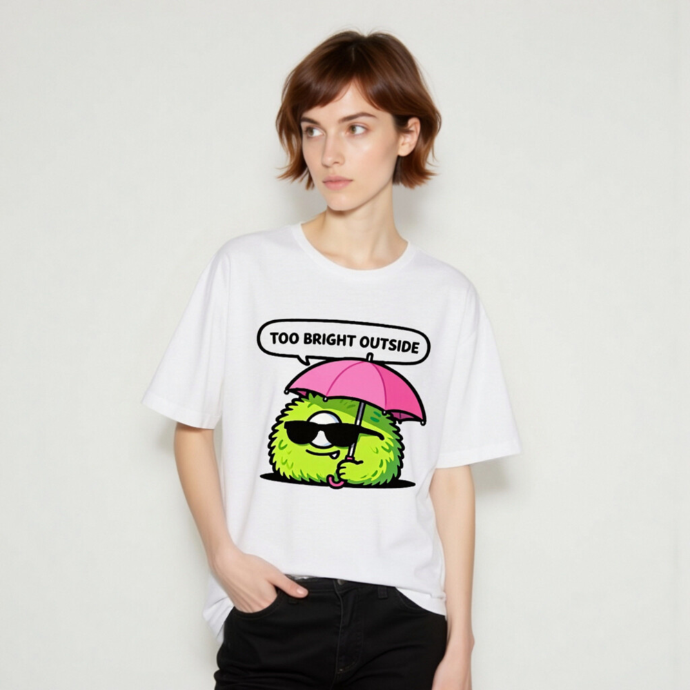 Unisex T-Shirt: Bright Outside? Cool Fuzzy Character with Pink Umbrella & Sunglasses - Image 8