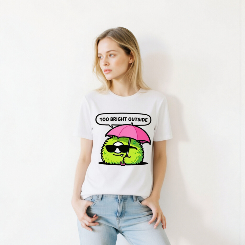Unisex T-Shirt: Bright Outside? Cool Fuzzy Character with Pink Umbrella & Sunglasses - Image 10